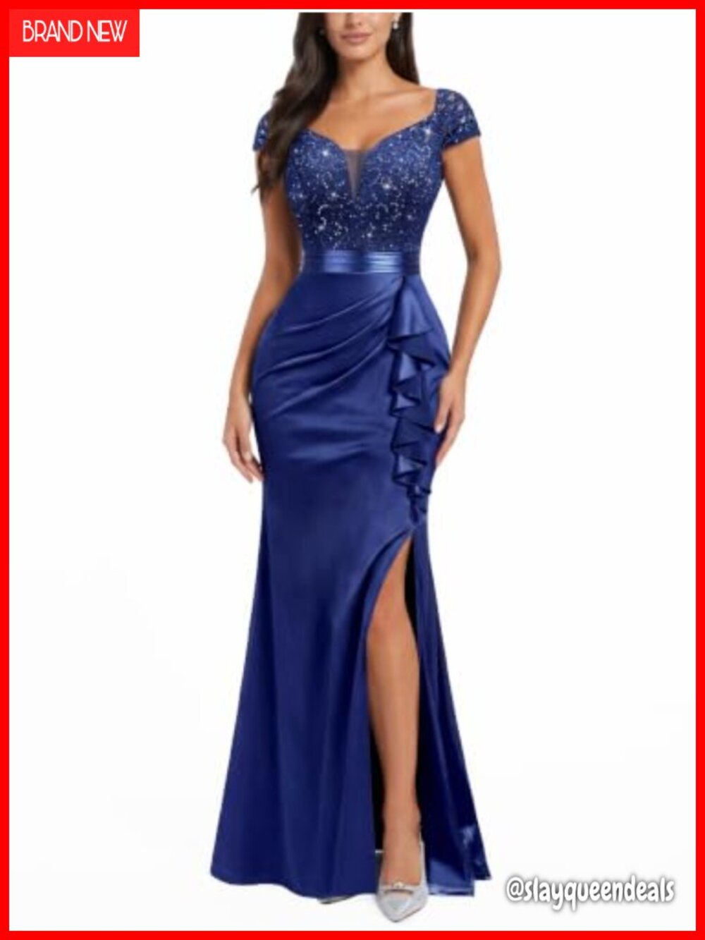 Vintage V-Neck Slim Ruffle Split Evening Formal Maxi Dress